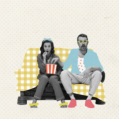 Contemporary art collage. Creative design in retro style. Beautiful young couple, man and woman sitting on sofa and watching movie with excitement