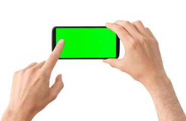 Presses a finger on the green screen of the phone, white background.