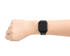Watch on wrist isolated on white, mockup.