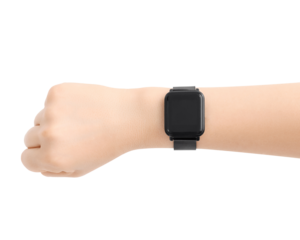 Watch on wrist isolated on white, mockup.