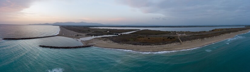 Panorama viewed from drone of the mediterranean coast between Canet en Roussillon et Saint Cyprien