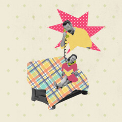 Contemporary art collage. Creative design in retro style. Young couple, man and woman talking on phone. News, communication