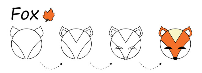 Kid coloring worksheet, Step by step drawing Fox. Easy educational game for preschool children
