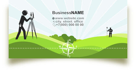 Business card concept for geodetic and cadastral work. Surveyor at the geodetic instrument - obrazy, fototapety, plakaty