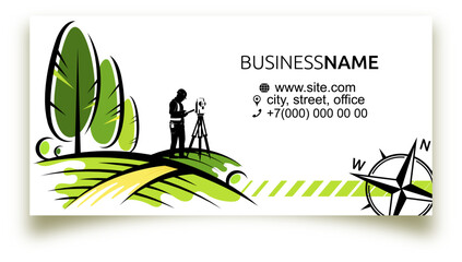 Surveyor engineer at the geodetic device in the field. Carrying out geodetic and cadastral work, a business card for an engineer - obrazy, fototapety, plakaty