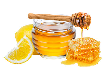 Lemon and honey isolated on white or transparent background. Natural treatment for cough and sore...