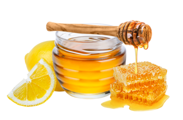 Lemon and honey isolated on white or transparent background. Natural treatment for cough and sore throat.