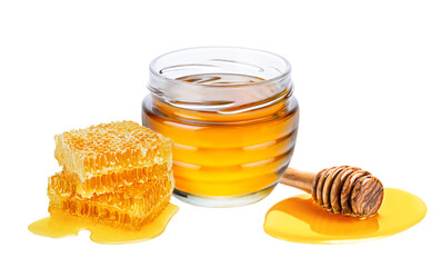 Honey isolated on white or transparent background. Jar with honey, honeycomb and honey dipper.