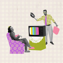 Contemporary art collage. Creative design in retro style. Young woman laughing and watching TV, man coming back from work