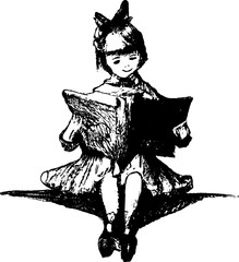 Young girl smiling, sitting with a large book, reading. Bow in her hair, black and white hand drawn illustration.