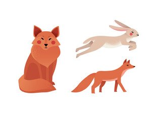Vector illustration - set of forest animals: fox, bear, rabbit, wolf. Fairytale characters in flat style with gradient. Scandinavian illustration. Perfect for home decor, prints, cards