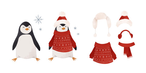 Vector illustration - penguins with winter hat, scarf, sweater. Funny cartoon arctic animals. Childish watercolor illustration. Winter character for kid. Perfect for prints, home decor, wallpaper - 540772557
