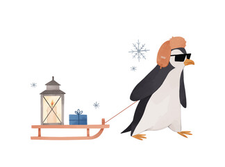 Vector illustration - penguin with winter hat and sunglass with sleigh with gifts. Funny cartoon arctic bird. Childish watercolor illustration. Winter character for kid. Perfect for prints, home decor