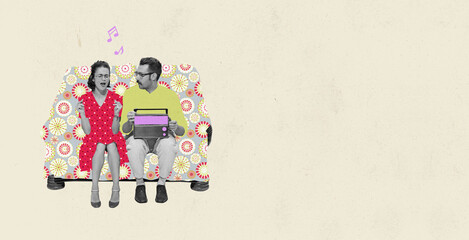Contemporary art collage. Creative design in retro style. Cheerful couple, man and woman sitting on sofa and listening music with vintage player