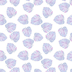 Seamless pattern with watercolor tropical leaves for wallpaper, fabric, fashion taxtile, packing. Watercolor illustration with pastel colors