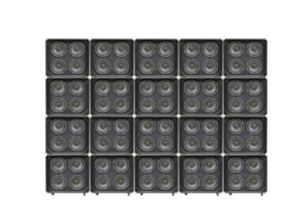 Giant wall of vintage bass amplifier speakers.   - obrazy, fototapety, plakaty