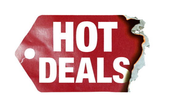Burning label with text "hot deals" on transparent background