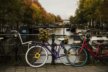 Bicycles lining a bridge over the canals of Amsterdam Autumn in Amsterdam, Holland.