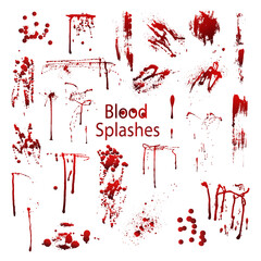 Realistic Halloween blood isolated on transparent background. Drops of blood and splashes. It can be used in Halloween design, medicine, health care, flyers, banners or on the internet. Vector