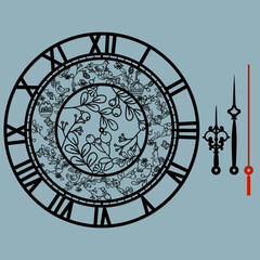 A beautiful clock with a beautiful illustration, laser-cut. Great Easter. Vector silhouette, stencil, laser cutting.