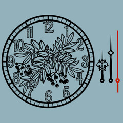 A beautiful clock with a beautiful illustration, laser-cut mountain ash leaves and berries. Vector silhouette, stencil, laser cutting.