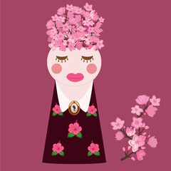 girl with flowers in a hair Beautiful dark vase with a blooming sakura
