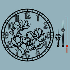 A beautiful clock with a beautiful illustration, laser-cut carved magnolia flowers. Vector silhouette, stencil, laser cutting.