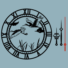 Beautiful clock with birds carved by laser. Stork in flight. Vector silhouette, stencil, laser cutting.