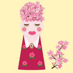 girl with flowers in a hair Beautiful pink vase with a blooming sakura	
