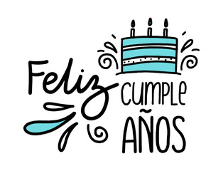 Happy birthday in Spain.  Lettering in Spanish with cake and curlicues. Vector illustration
