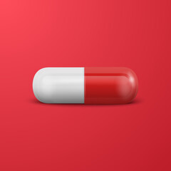 Vector 3d Realistic Red and White Pharmaceutical Medical Pill, Capsule, Tablet on Blue Background. Front View. Copy Space. Medicine, Male Health Concept