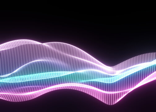 3d abstract background of flying neon particles in motion, wavy lines flow big data technology and science theme, 3D dots array flowing in motion, nanotechnology. © Marina