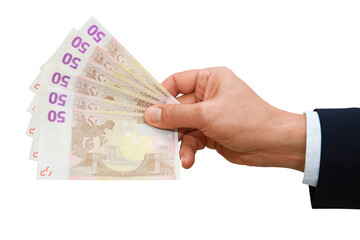 Gesture series: hand hands over euro bills. - 540776742