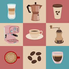 Set of different coffee elements. Coffee machine, geyser coffee maker, coffee grinder, cups and mugs with hot drink. Hand drawn vector illustration isolated on colored background. Flat cartoon style.