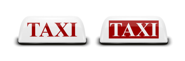 Vector 3d Realistic Taxi Car Roof Sign Icon Set Closeup Isolated. White and Red French Taxi Sign, Design Template for Taxi Service, Mockup. Front View