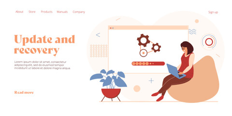 Update and recovery concept in flat vector design. Gadget upgrade technology with woman and pc or computer, tablet or cell phone. Software installation process. Web banner layout template