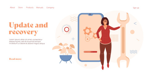 Update and recovery concept in flat vector design. Gadget upgrade technology with woman and pc or computer, tablet or cell phone. Software installation process. Web banner layout template