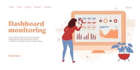 Predictive analytics dashboard in flat vector illustration. Data mining, modelling and machine learning. Information statistics. We banner layout template