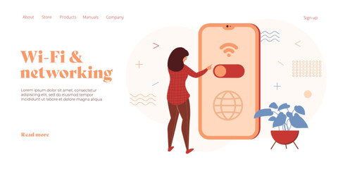 Woman turns on mobile wi-fi network in smartphone. Public wireless cellphone internet in concept in flat vector design. Web banner layout template