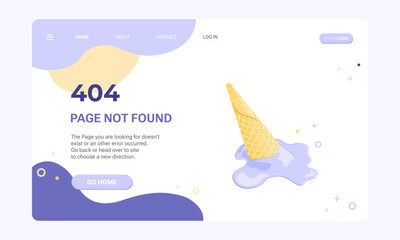 404 Page not found banner template. Web page with 404 error. Flat illustration of ice cream melting and spilling from the waffle cone for design template of fail and error	