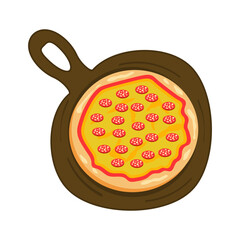 Tasty pizza with salami and cheese on wooden board