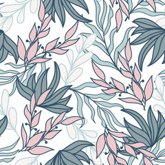 Abstract seamless tropical pattern with bright plants and leaves on a white background. Tropic leaves in bright colors. Beautiful seamless vector floral pattern.