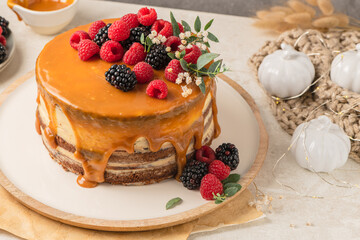 Delicious chocolate cake topped with mascarpone cream and salted caramel. Decorated with red fruits. Light backgroundDelicious chocolate cake topped with mascarpone cream and salted caramel.