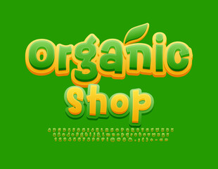 Naklejka premium Vector eco banner Organic Shop with decorative Leaf. Yellow and Green Alphabet Letters, Numbers and Symbols set. Creative bright Font