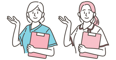 Two nurses in nurse's uniform and medical scrubs smiling and showing the way [vector illustration].