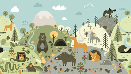 Cute hand drawn background in scandinavian style. Wild animals in the forest. Funny doodles of bear, elk, wolf, deer and fox. Flat seamless vector illustration.