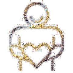 a large number of photographs of people, forms an image of the heart. Collage isolated on white background. Design idea edges are not smooth with protruding photos