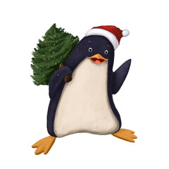 cute penguin with holiday tree in Santa claus hat