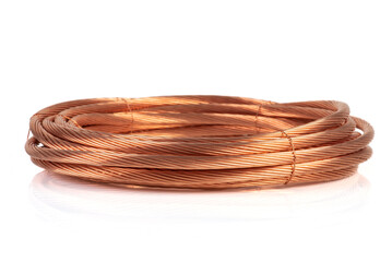 Rolled up copper cable wire isolated on white background