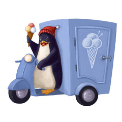 cute penguin with ice cream on ice cream cart, watercolor style illustration good for card and print design